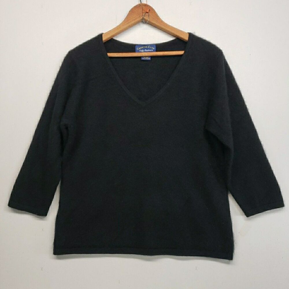 Charter Club 2 Ply Cashmere Large 3/4 Sleeve Sweater Black